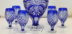 Cased Crystal DECANTER & 6 GLASSES h53cm BLUE Cut to clear overlay RUSSIA New