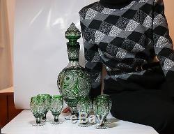 Cased Crystal DECANTER & 6 GLASSES h53cm GREEN Cut to clear overlay RUSSIA New