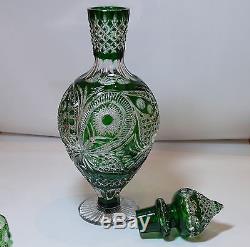 Cased Crystal DECANTER & 6 GLASSES h53cm GREEN Cut to clear overlay RUSSIA New