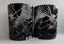 Cased Crystal Glass 2 Whiskey Glasses Cut To Clear Black Czech Bohemian Tumblers