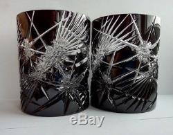 Cased Crystal Glass 2 Whiskey Glasses Cut To Clear Black Czech Bohemian Tumblers