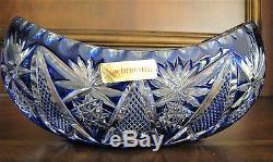 Cased Vintage Crystal Color Cut to Clear German Oval Blue Bowl 8 Wide, hand cut