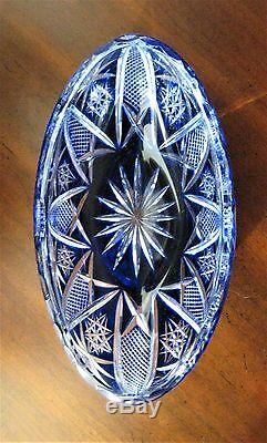 Cased Vintage Crystal Color Cut to Clear German Oval Blue Bowl 8 Wide, hand cut