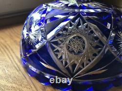 Cobalt Blue CUT TO CLEAR Lead Glass Crystal Bowl Bohemian Czech 8x3.5