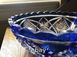 Cobalt Blue CUT TO CLEAR Lead Glass Crystal Bowl Bohemian Czech 8x3.5