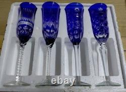 Cobalt Blue Crystal Cut to Clear Champagne Glass Flute Long Stemmed Set 8