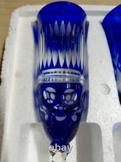 Cobalt Blue Crystal Cut to Clear Champagne Glass Flute Long Stemmed Set 8