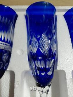 Cobalt Blue Crystal Cut to Clear Champagne Glass Flute Long Stemmed Set 8