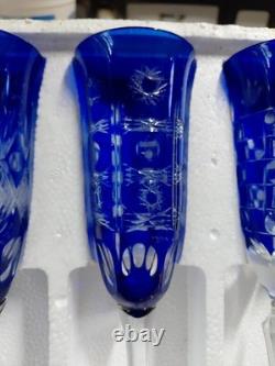 Cobalt Blue Crystal Cut to Clear Champagne Glass Flute Long Stemmed Set 8
