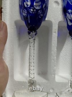 Cobalt Blue Crystal Cut to Clear Champagne Glass Flute Long Stemmed Set 8