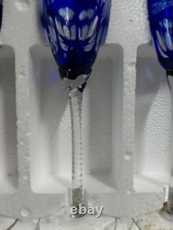 Cobalt Blue Crystal Cut to Clear Champagne Glass Flute Long Stemmed Set 8