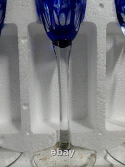 Cobalt Blue Crystal Cut to Clear Champagne Glass Flute Long Stemmed Set 8