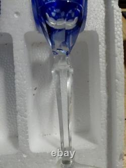 Cobalt Blue Crystal Cut to Clear Champagne Glass Flute Long Stemmed Set 8