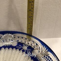 Cobalt Blue Crystal Cut to Clear Large Shallow Bowl Beautiful Peacock In Center