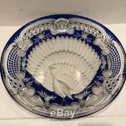 Cobalt Blue Crystal Cut to Clear Large Shallow Bowl Beautiful Peacock In Center