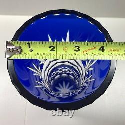 Cobalt Blue Cut To Clear Crystal Vase Thick Genuine Hand Cut