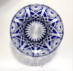 Cobalt Blue Cut to Clear Crystal Centerpiece Bowl 9 D Bohemian Czech Glass