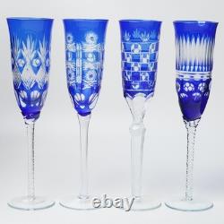 Cobalt Blue Cut to Clear Crystal Champagne Flutes 9.5 Set of 4 Bohemian Style