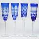 Cobalt Blue Cut to Clear Crystal Champagne Flutes 9.5 Set of 4 Bohemian Style