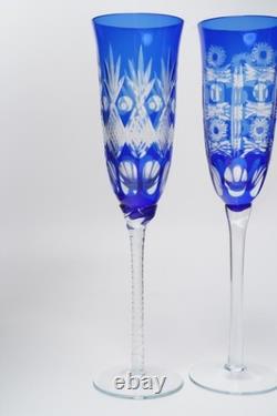 Cobalt Blue Cut to Clear Crystal Champagne Flutes 9.5 Set of 4 Bohemian Style