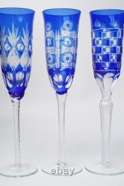 Cobalt Blue Cut to Clear Crystal Champagne Flutes 9.5 Set of 4 Bohemian Style