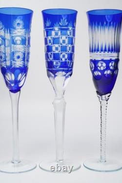 Cobalt Blue Cut to Clear Crystal Champagne Flutes 9.5 Set of 4 Bohemian Style