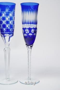 Cobalt Blue Cut to Clear Crystal Champagne Flutes 9.5 Set of 4 Bohemian Style
