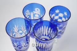 Cobalt Blue Cut to Clear Crystal Champagne Flutes 9.5 Set of 4 Bohemian Style