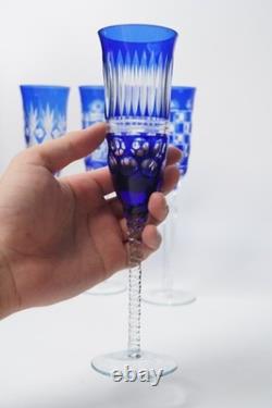 Cobalt Blue Cut to Clear Crystal Champagne Flutes 9.5 Set of 4 Bohemian Style