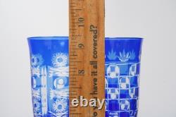 Cobalt Blue Cut to Clear Crystal Champagne Flutes 9.5 Set of 4 Bohemian Style