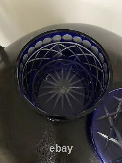 Cobalt Blue Cut to Clear Lead Crystal Covered Candy Dish Or Cookies Jar