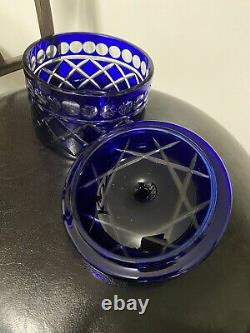 Cobalt Blue Cut to Clear Lead Crystal Covered Candy Dish Or Cookies Jar