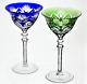 Cobalt Blue & Green Cut to Clear Crystal Martini Cocktail Glasses Vintage