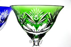 Cobalt Blue & Green Cut to Clear Crystal Martini Cocktail Glasses Vintage