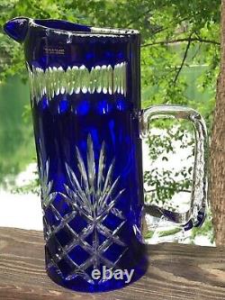 Cobalt cut to clear crystal pitcher 10.5 Poland