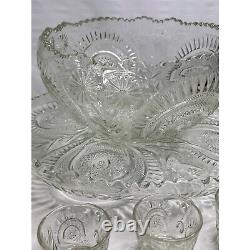 Colony Indiana Cut Crystal Glass Punch Set Complete Vintage 15 Pcs