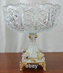 Cre Art Doré à or Fin Dorato Italian Cut Glass Bowl Porcelain Pedestal