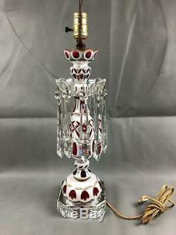 Crystal Bohemian Glass Luster Table Lamp White Cut to Red w Prisms