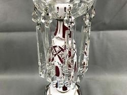 Crystal Bohemian Glass Luster Table Lamp White Cut to Red w Prisms