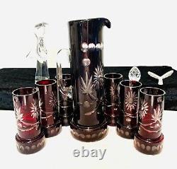 Crystal Bohemian Glass, Ruby Red Cut PITCHER & 6 Glasses, Art Nouveau/Deco Style