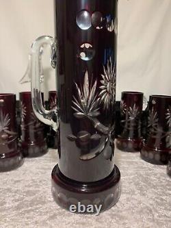 Crystal Bohemian Glass, Ruby Red Cut PITCHER & 6 Glasses, Art Nouveau/Deco Style