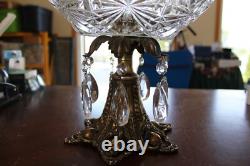 Crystal & Brass Large Ornate Oblong Vintage Pedestal Cut Glass Compote & Prisms