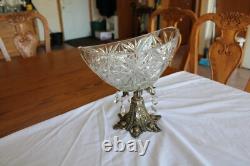 Crystal & Brass Large Ornate Oblong Vintage Pedestal Cut Glass Compote & Prisms
