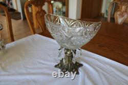 Crystal & Brass Large Ornate Oblong Vintage Pedestal Cut Glass Compote & Prisms