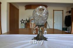 Crystal & Brass Large Ornate Oblong Vintage Pedestal Cut Glass Compote & Prisms
