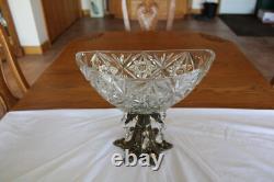 Crystal & Brass Large Ornate Oblong Vintage Pedestal Cut Glass Compote & Prisms