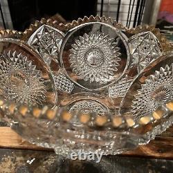 Crystal Cut Glass Punch Bowl Large Heavy Gold Trimmed 14 Wide