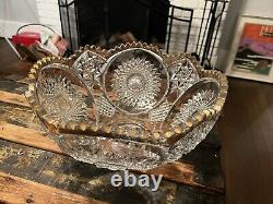 Crystal Cut Glass Punch Bowl Large Heavy Gold Trimmed 14 Wide