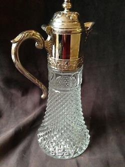 Crystal Cut Glass Wine Decanter with Silverplate Top and Spout Made in ITALY