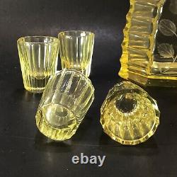 Crystal Decanter 4 Cordial Glasses Citrin Yellow Cut To Clear Deco Remarkable